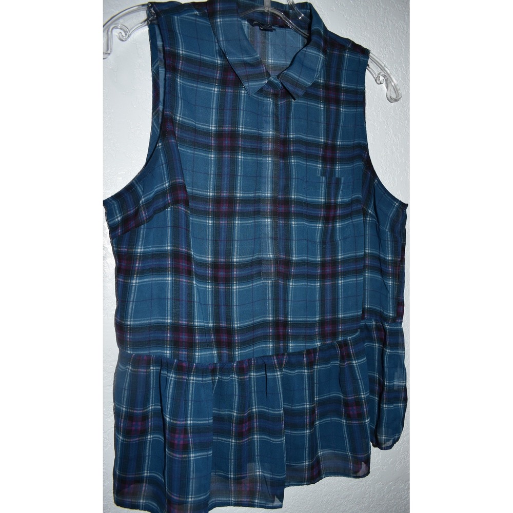 American Eagle Outfitters Blue Plaid Sleeveless Peplum Top Womens Medium Pocket